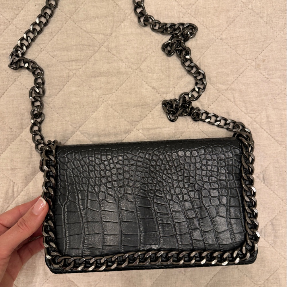 Misguided Black Croc-Embossed Chain Shoulder Bag or Clutch